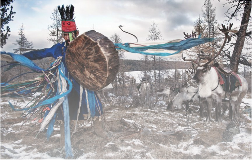 shaman dressed in blue, drumming and dancing with reindeer and snow
